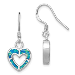 Rhodium-plated Sterling Silver Blue Inlay Created Opal Heart Earrings