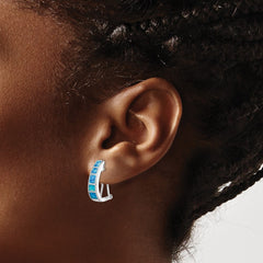 Sterling Silver Blue Inlay Created Opal Squares Hoop Earrings