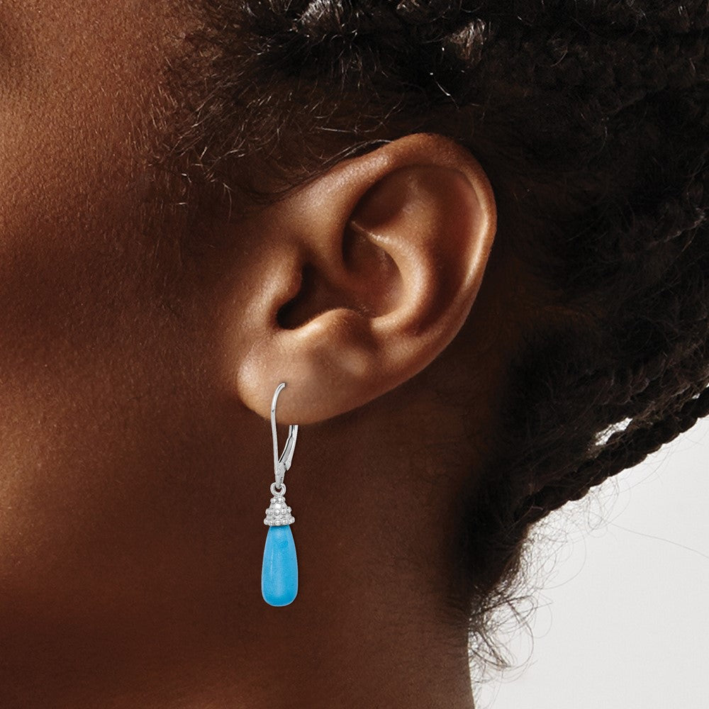 Rhodium-plated Sterling Silver Turquoise Stone Dangle Earrings