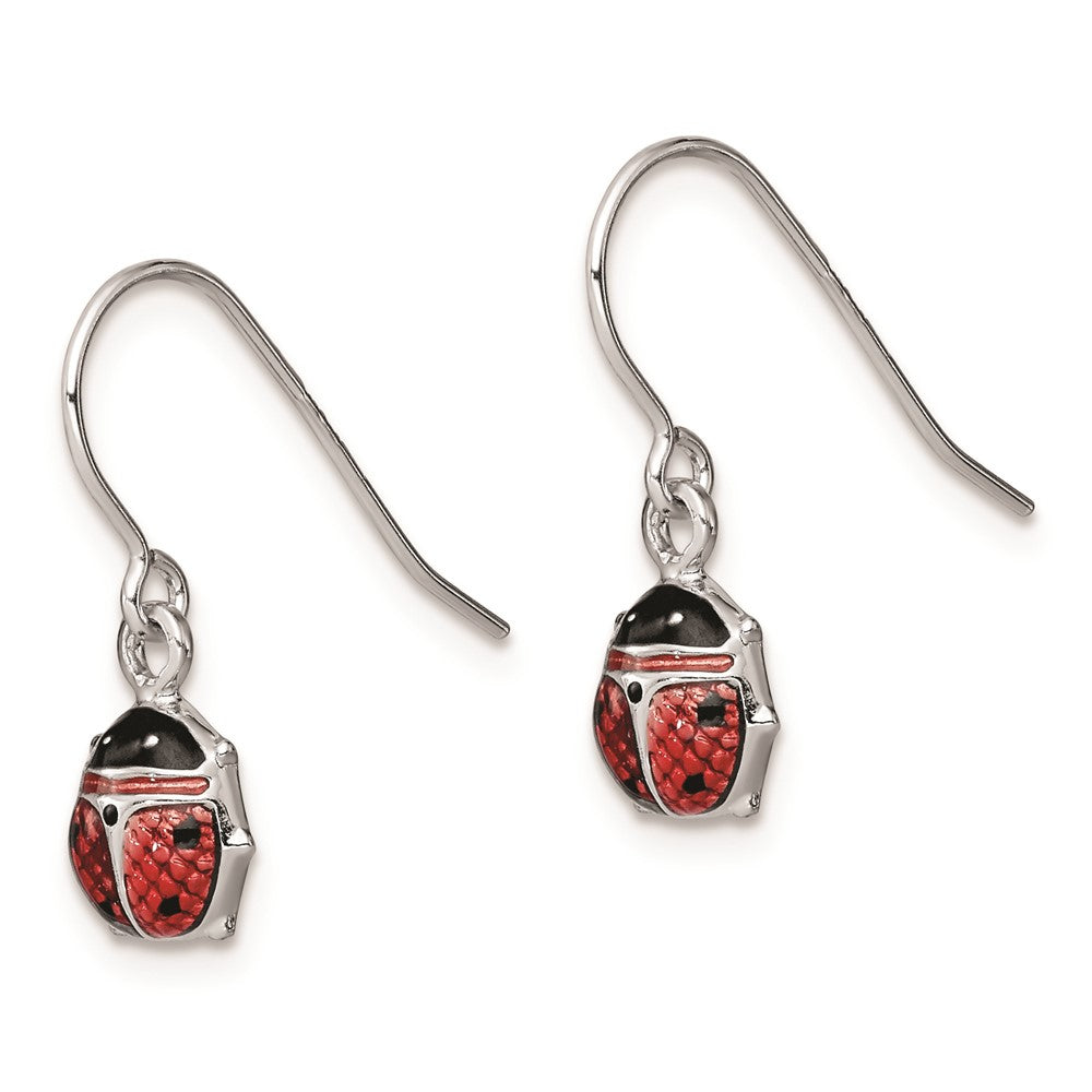 Rhodium-plated Sterling Silver Enameled Ladybug Dangle Earrings
