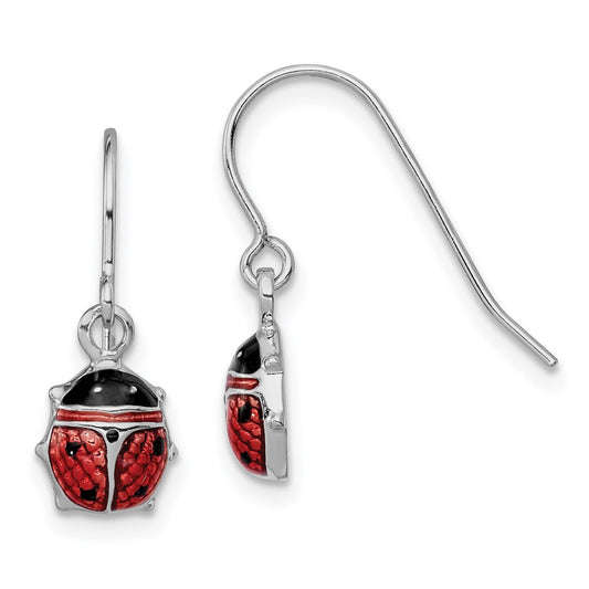 Rhodium-plated Sterling Silver Enameled Ladybug Dangle Earrings