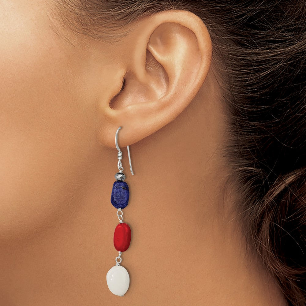 Sterling Silver Red Coral Crystal White Jade Lapis Dangle Earrings