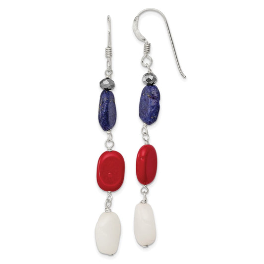 Sterling Silver Red Coral Crystal White Jade Lapis Dangle Earrings
