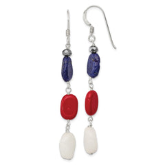 Sterling Silver Red Coral Crystal White Jade Lapis Dangle Earrings
