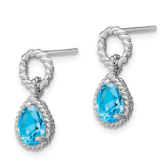 Rhodium-plated Sterling Silver Blue Topaz Pear Twisted Post Earrings