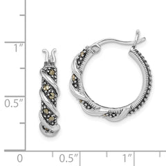 Rhodium-plated Sterling Silver Antiqued Swirl Hoop Marcasite Earrings