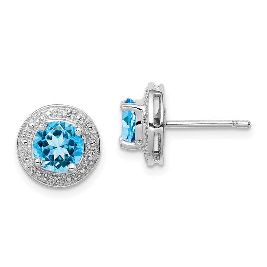 Rhodium-plated Sterling Silver Diamond and Blue Topaz Post Earrings