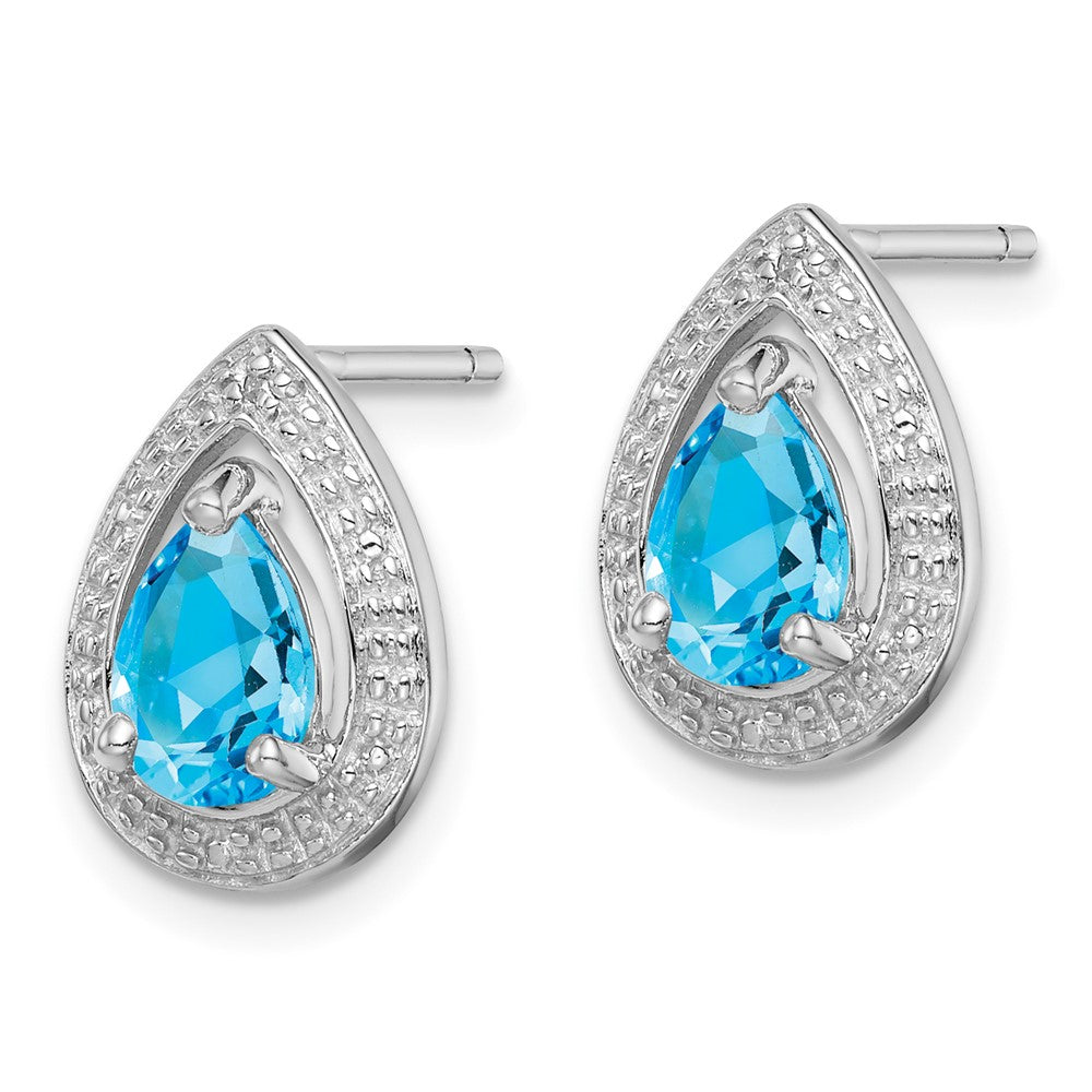 Rhodium-plated Sterling Silver Diamond Blue Topaz Post Earrings