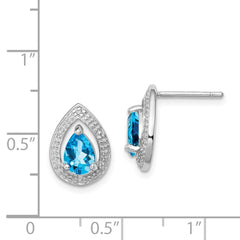 Rhodium-plated Sterling Silver Diamond Blue Topaz Post Earrings
