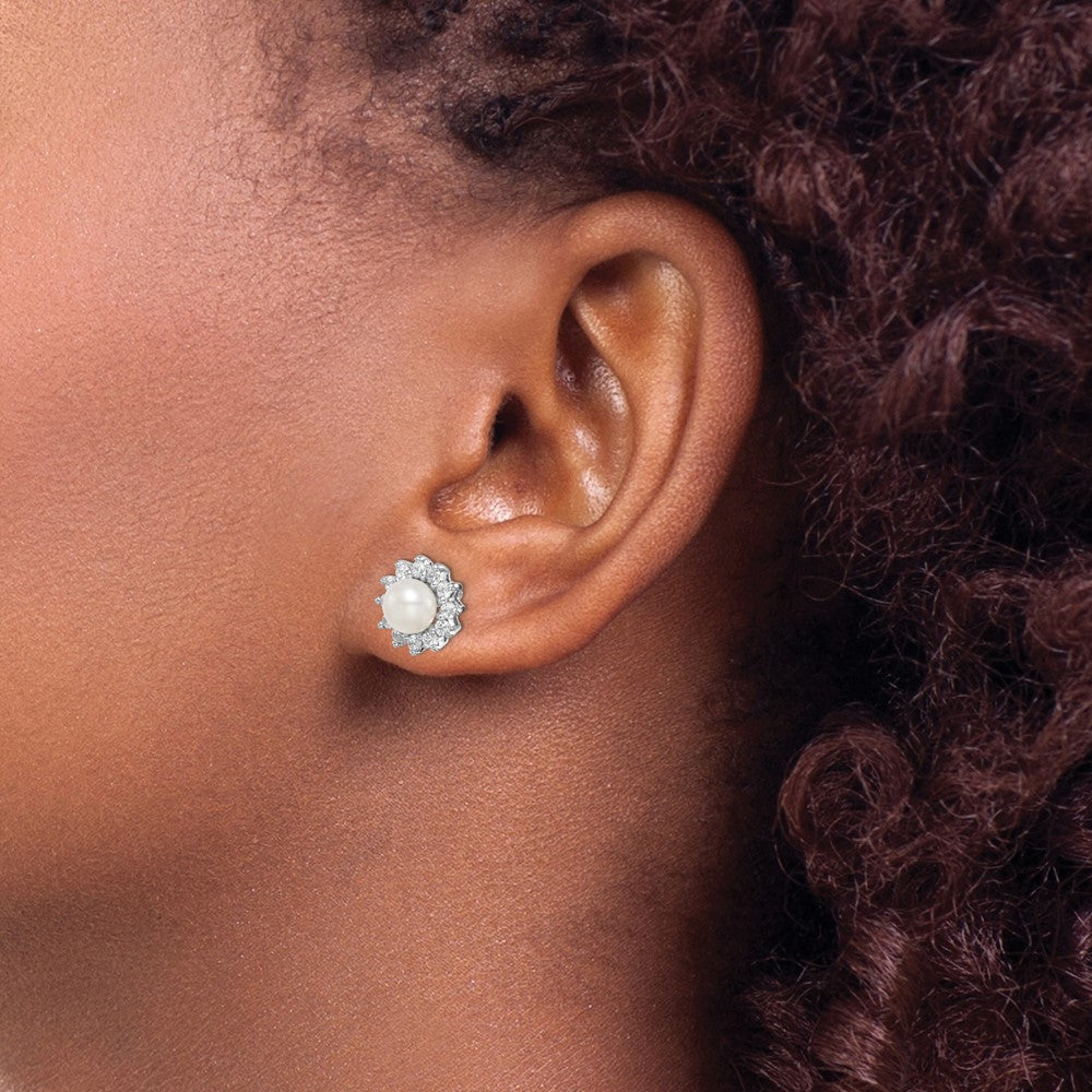 Rhodium-plated Sterling Silver CZ and FWC Pearl Post Earrings