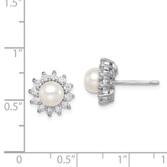 Rhodium-plated Sterling Silver CZ and FWC Pearl Post Earrings