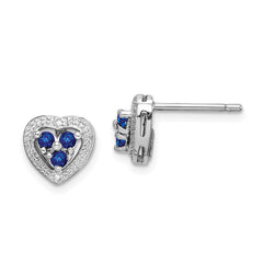 Rhodium-plated Sterling Silver Diamond & Sapphire Heart Earrings