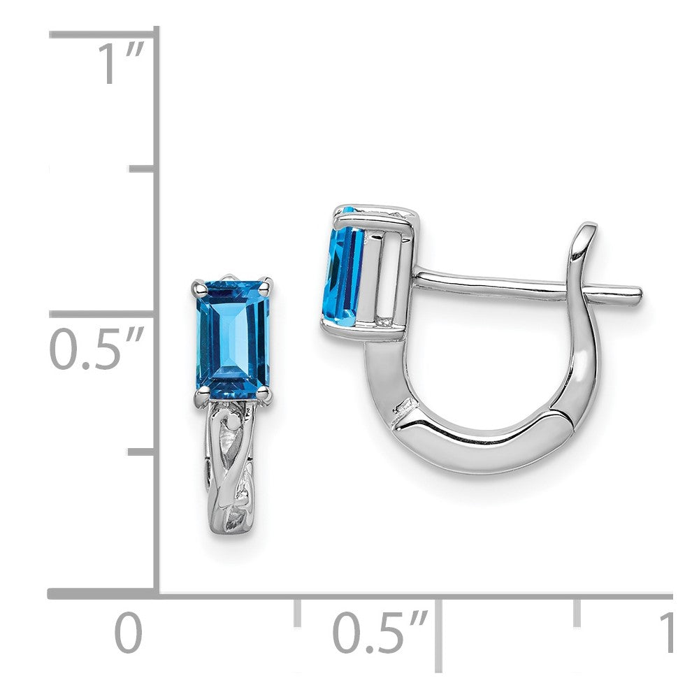 Rhodium-plated Sterling Silver Blue Topaz Hinged Hoop Earrings