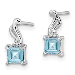 Rhodium-plated Sterling Silver Diamond and Blue Topaz Square Earrings