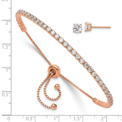 Rose Gold-plated Sterling Silver CZ Adjustable Bracelet and Earrings Set