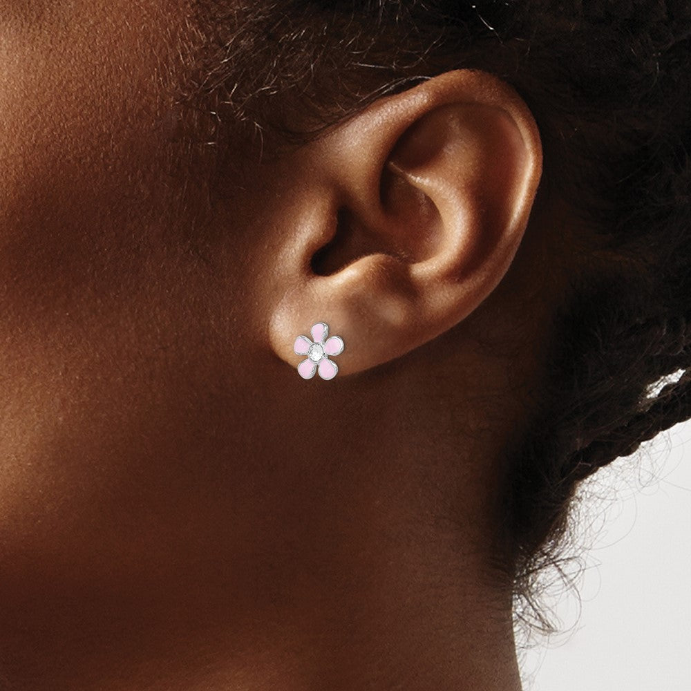 Rhodium-plated Sterling Silver Madi K Enamel and Crystal Flower Earrings