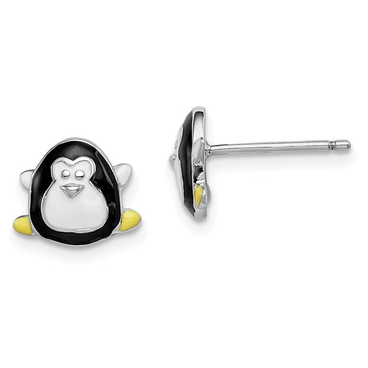 Rhodium-plated Sterling Silver Madi K Enamel Penguin Post Earrings