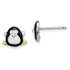 Rhodium-plated Sterling Silver Madi K Enamel Penguin Post Earrings