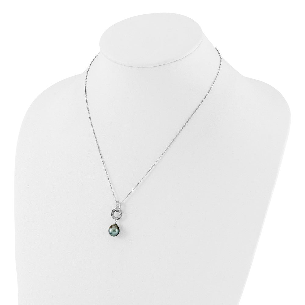 Rhodium-plated Silver 9-10mm Tahitian Pearl CZ Necklace Earring Set