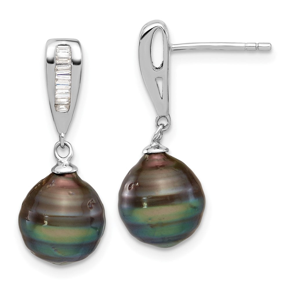 Rhodium-plated Silver 9-10mm Tahitian Pearl CZ Necklace Earring Set