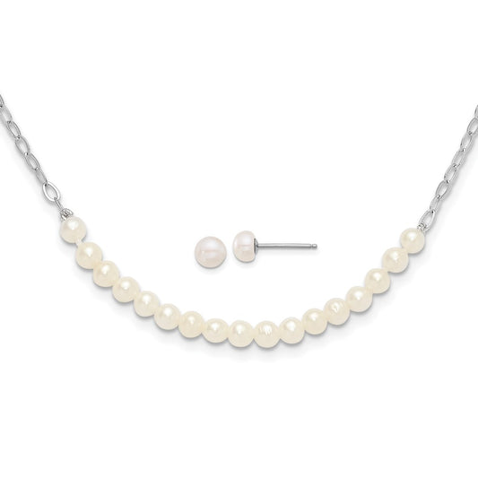 Rhodium-plated Silver White FWC Pearl 18in Necklace Post Earrings Set