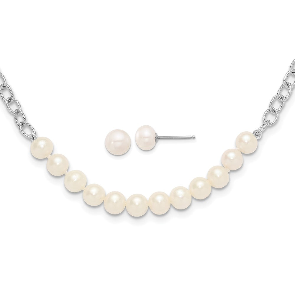 Rhodium-plated Silver White FWC Pearl 18in Necklace Post Earrings Set