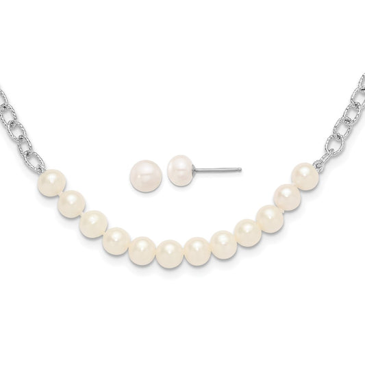 Rhodium-plated Silver White FWC Pearl 18in Necklace Post Earrings Set