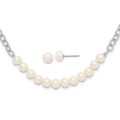 Rhodium-plated Silver White FWC Pearl 18in Necklace Post Earrings Set