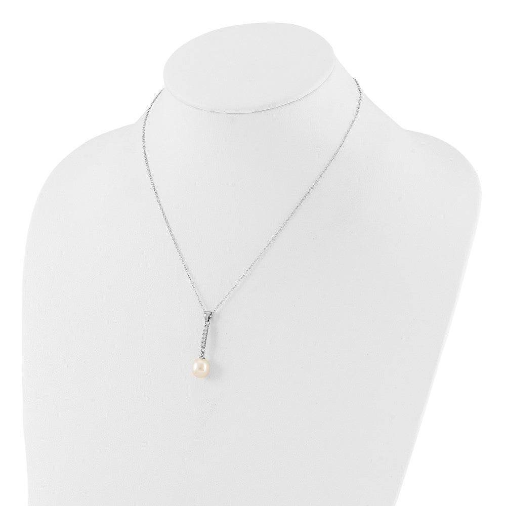 Rhodium-plated Silver FWC Pearl CZ 17in Necklace and Post Earrings Set