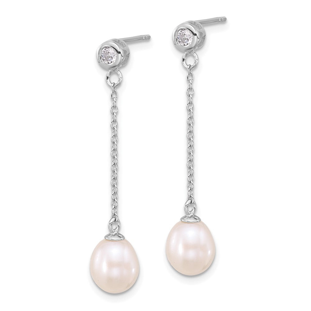 Rhodium-plated Silver 7-8mm FWC Pearl CZ 17in Necklace Earrings Set
