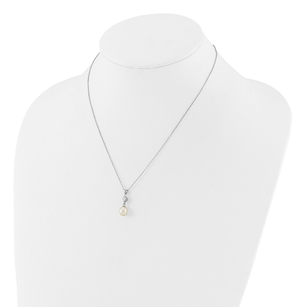 Rhodium-plated Silver 7-8mm FWC Pearl CZ 17in Necklace Earrings Set