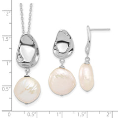 Rhodium-plated Silver 13-14mm FWC Pearl 17in Necklace Earring Set