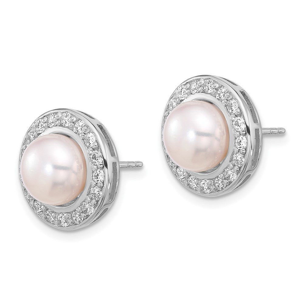 Rhodium-plated Silver FWC Pearl CZ 17in Necklace and Post Earrings Set