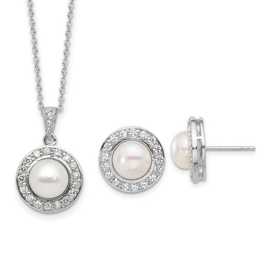Rhodium-plated Silver FWC Pearl CZ 17in Necklace and Post Earrings Set