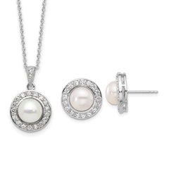 Rhodium-plated Silver FWC Pearl CZ 17in Necklace and Post Earrings Set