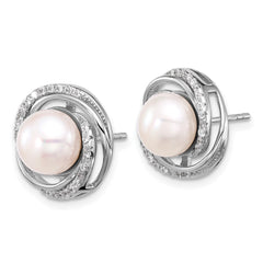 Rhodium-plated Silver 8-10mm FWC Pearl CZ Necklace Post Earrings Set