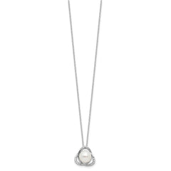 Rhodium-plated Silver FWC Pearl CZ 17in Necklace and Post Earrings Set