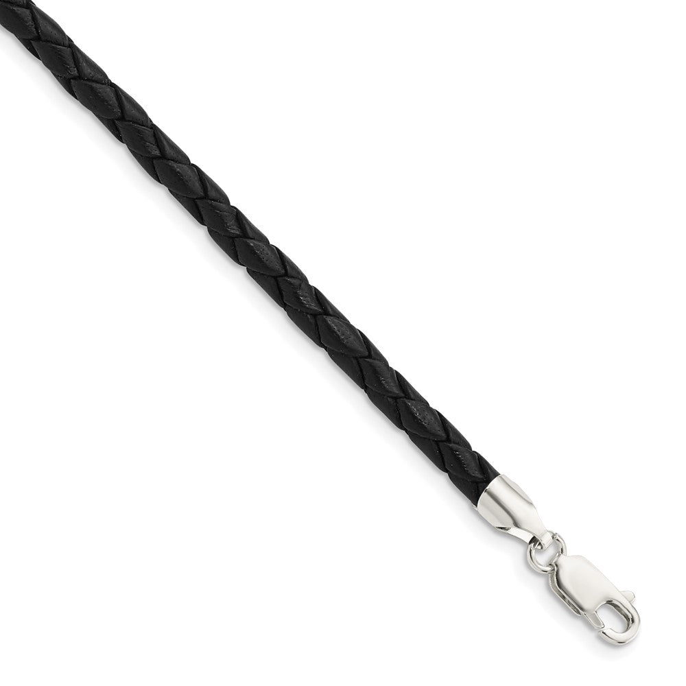 Sterling Silver 4mm Black Leather Braided Necklace