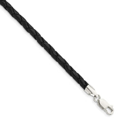 Sterling Silver 4mm Black Leather Braided Necklace