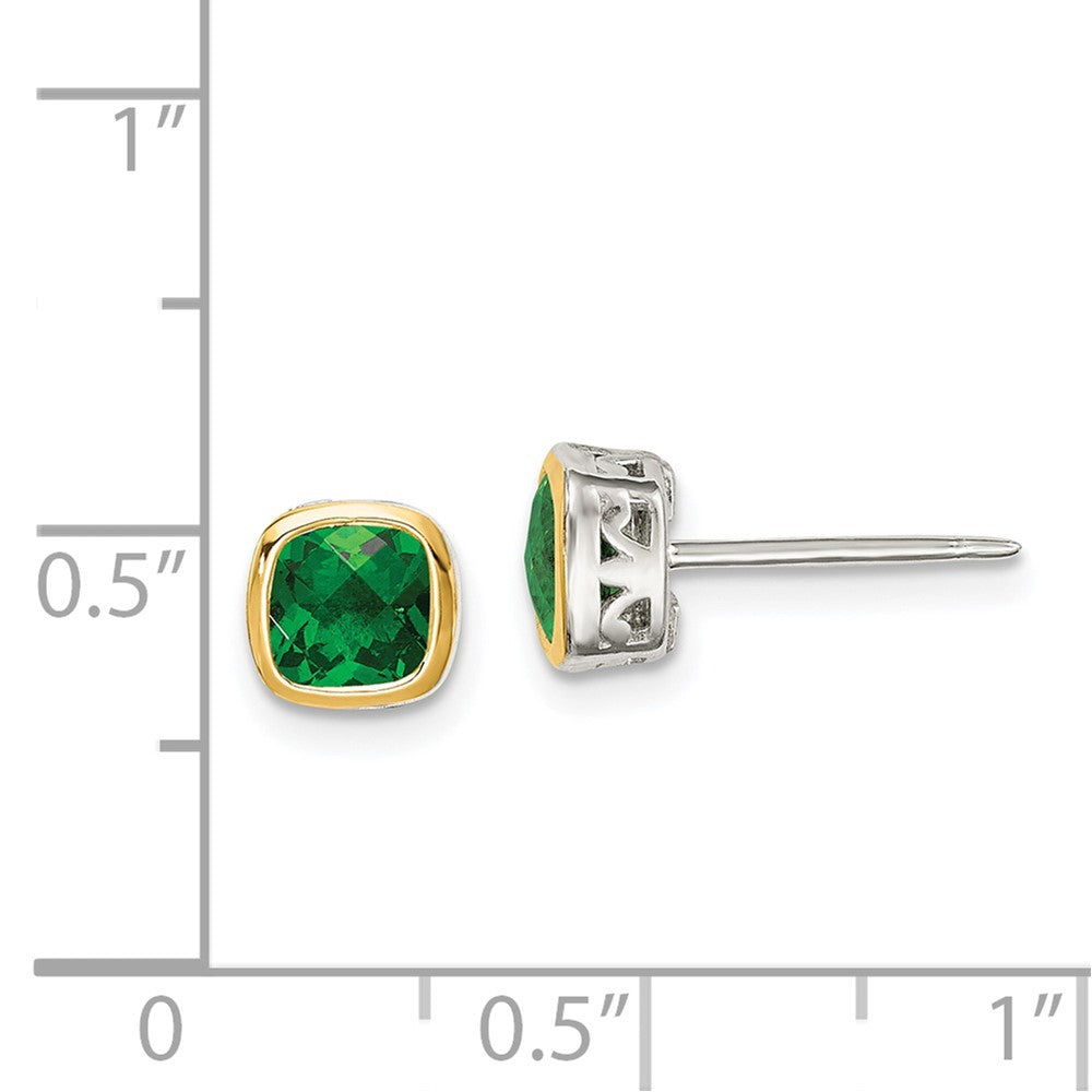 Sterling Silver with 14K Accent Created Emerald Square Stud Earrings