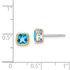 Sterling Silver with 14K Accent Light Swiss Blue Topaz Square Stud Earrings