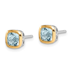 Sterling Silver with 14K Accent Aquamarine Square Stud Earrings
