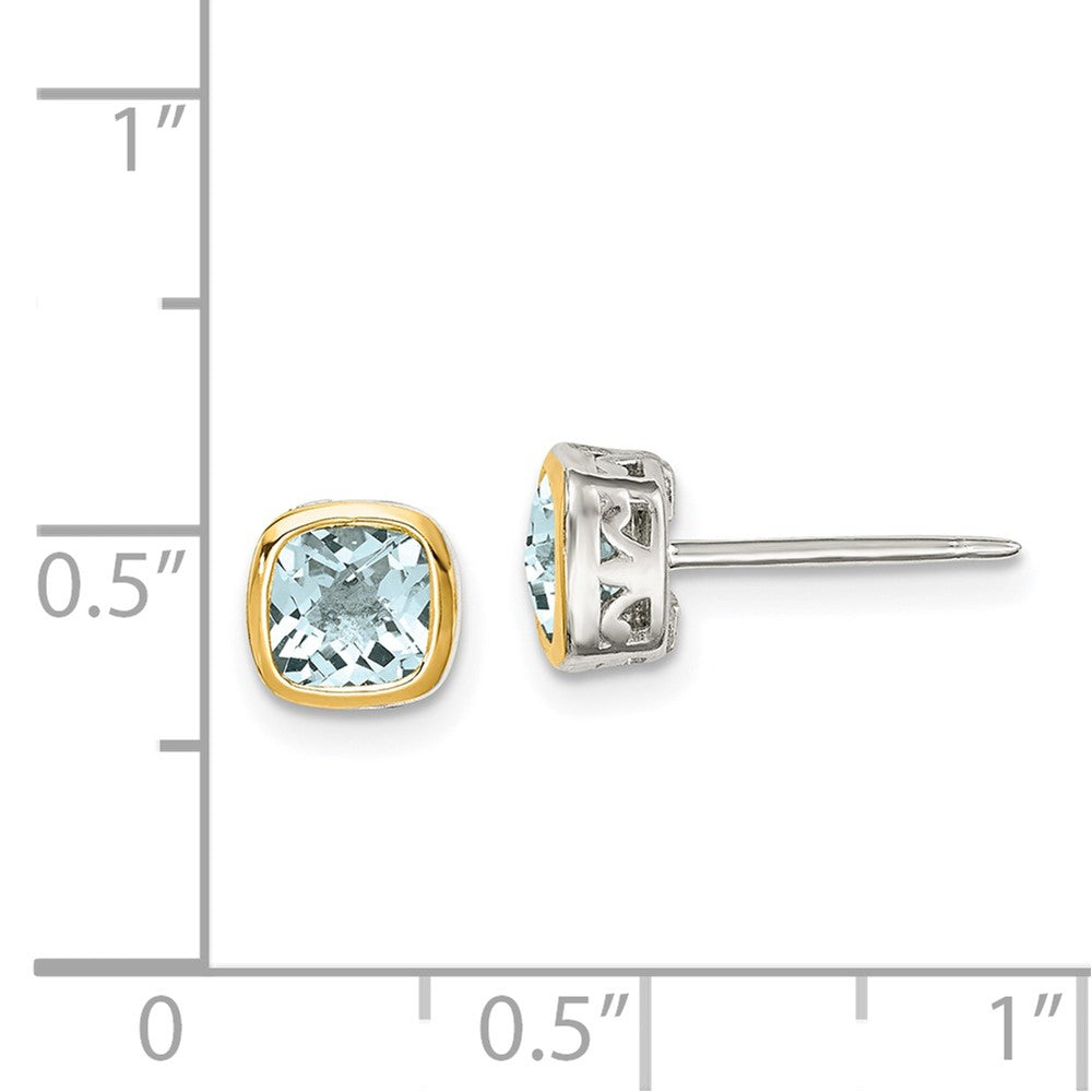 Sterling Silver with 14K Accent Aquamarine Square Stud Earrings