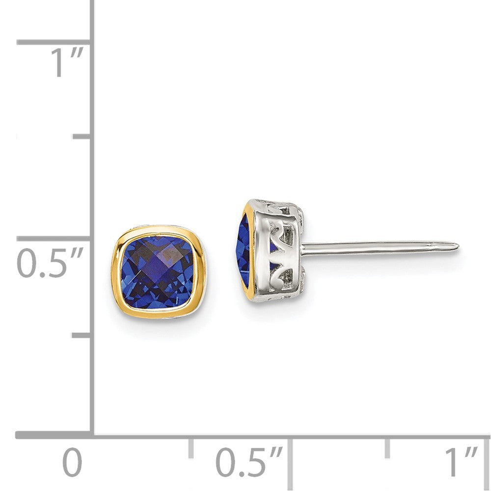 Sterling Silver with 14K Accent Created Sapphire Square Stud Earrings