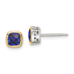 Sterling Silver with 14K Accent Created Sapphire Square Stud Earrings