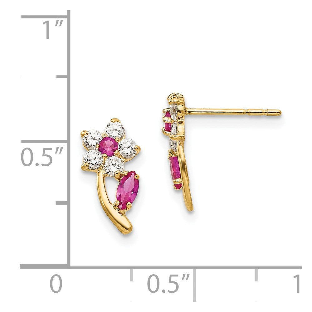 14K Yellow Gold Madi K Clear & Red CZ Flower Post Earrings