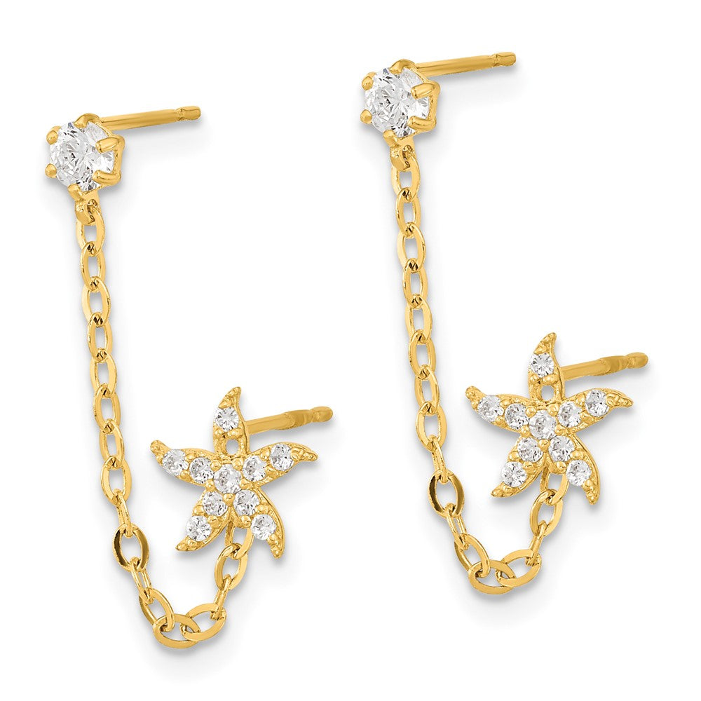 14K Yellow Gold Madi K CZ Double Post with Chain Starfish Earrings