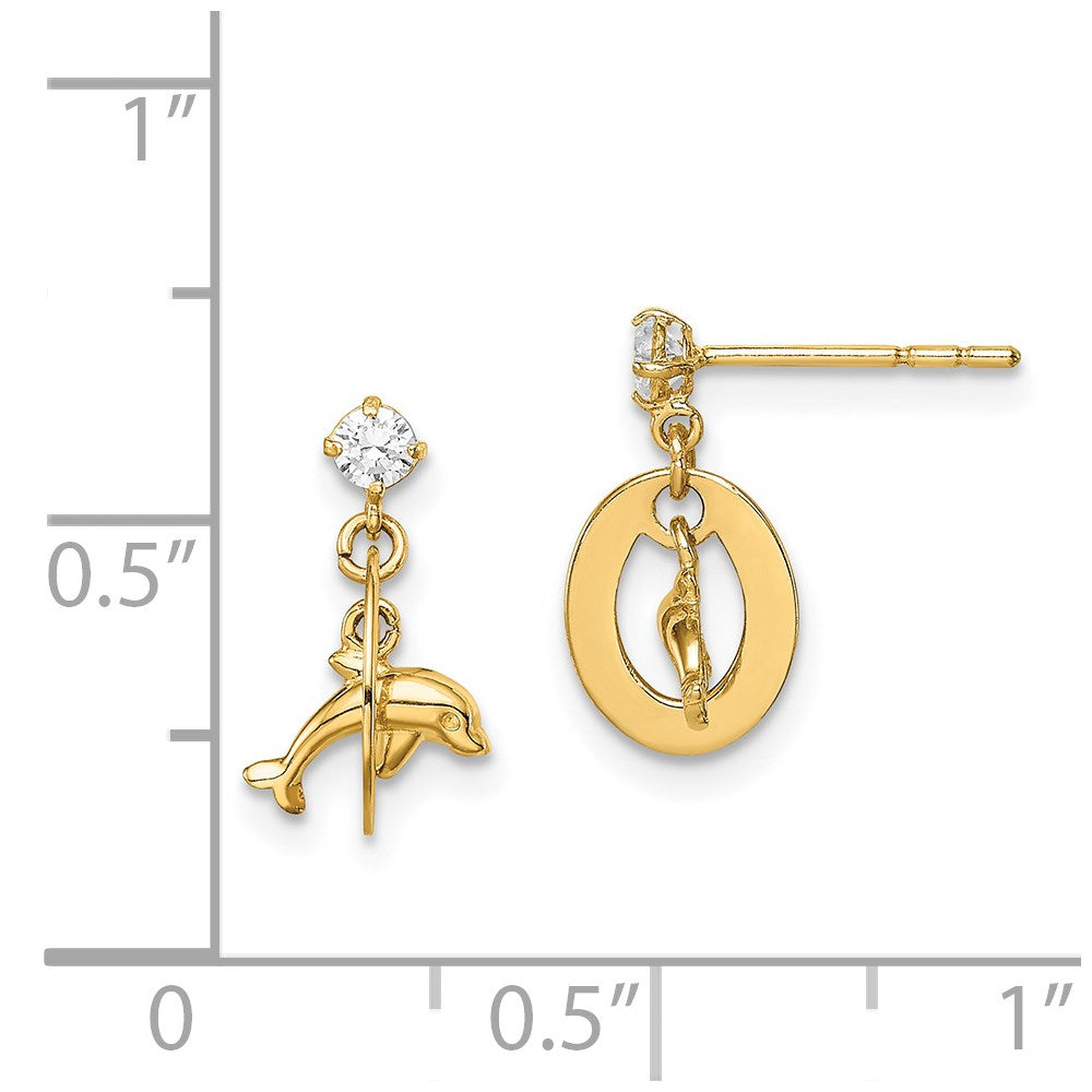 14K Yellow Gold Madi K CZ Oval with Dolphin Dangle Post Earrings