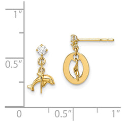 14K Yellow Gold Madi K CZ Oval with Dolphin Dangle Post Earrings