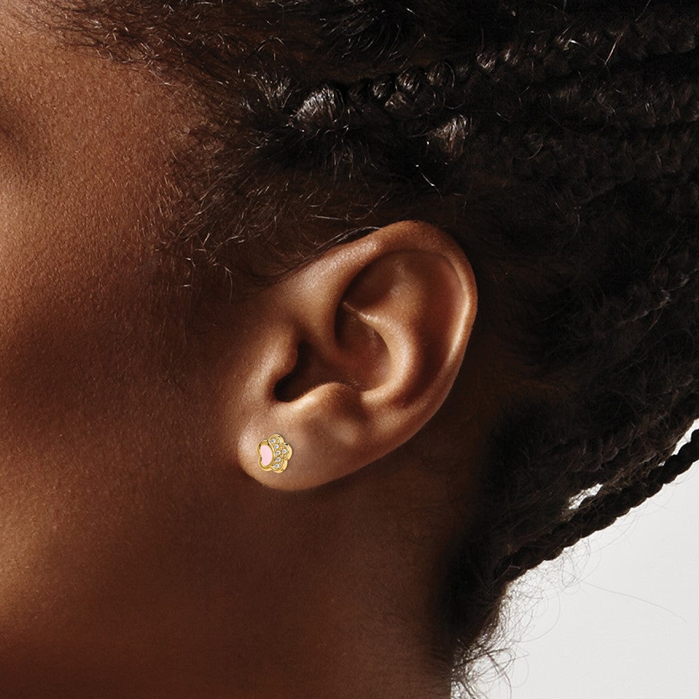 14K Yellow Gold Madi K CZ Pink Enamel Paw Post Earrings